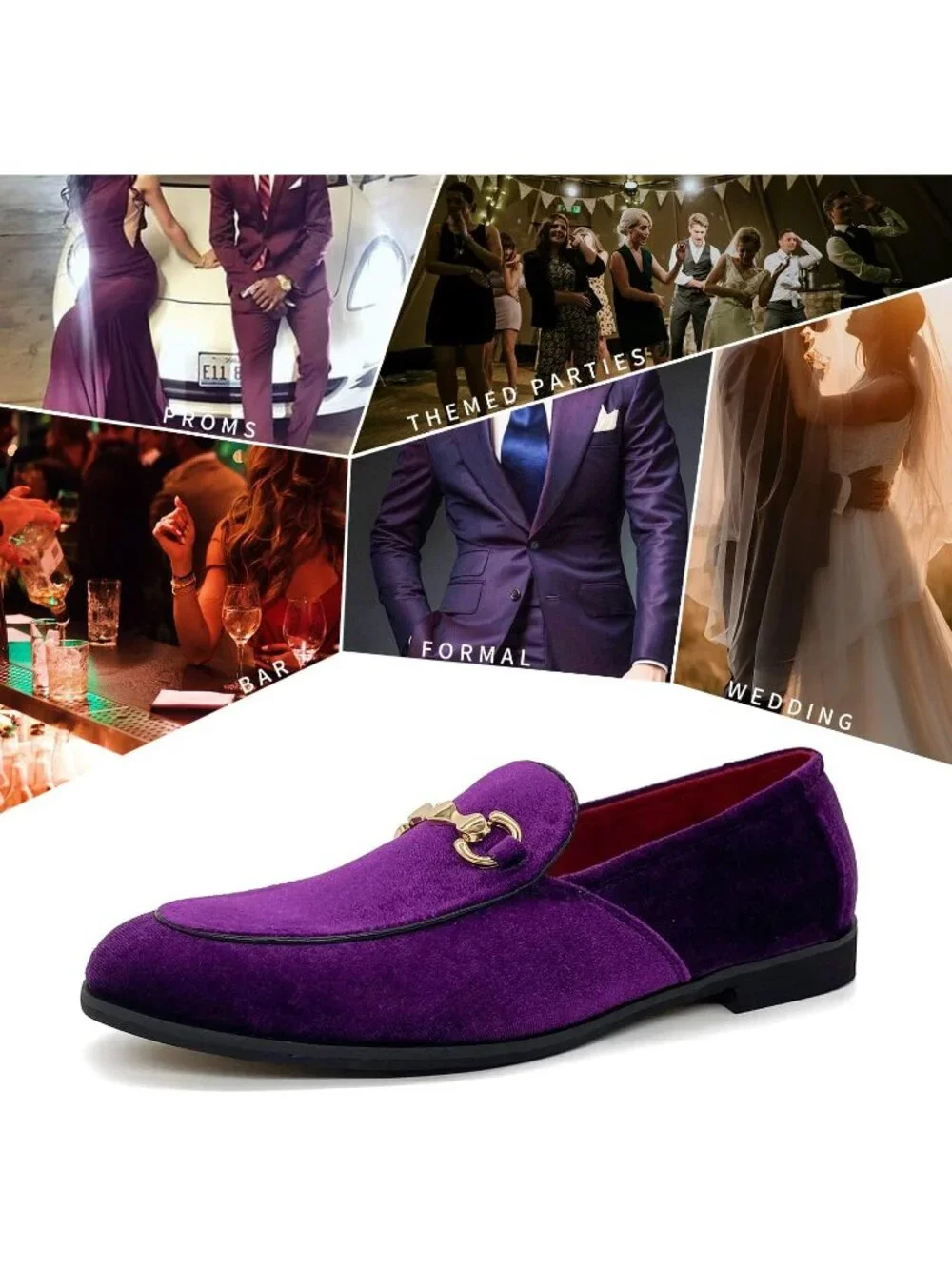 Men's Purple Velvet Glitter Suede Gold Bit Slip On Loafer Slipper Dress Shoes